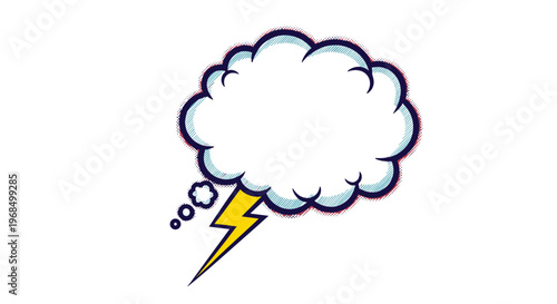 Vibrant comic book style thought bubble with a yellow lightning bolt underneath represents sudden ideas or realizations.