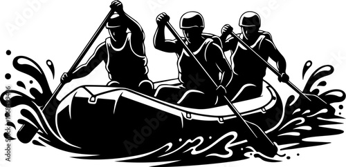 Three people paddling a raft on water Vector Art