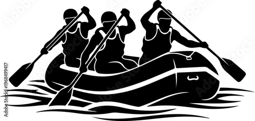 Three people paddling a raft on water Vector Art