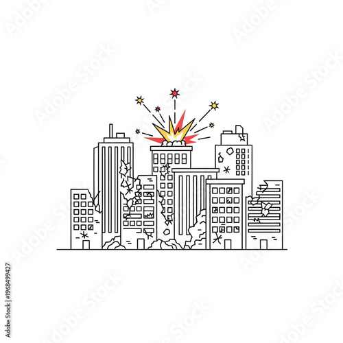Cityscape destruction, explosion and damaged buildings, line art illustration