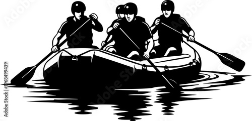 Three people paddling a raft on water Vector Art