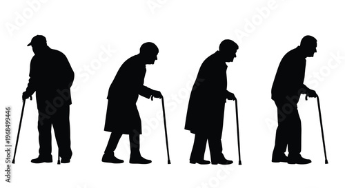 Four elderly men walking with canes a striking black silhouette