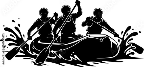 Three people paddling a raft on water Vector Art