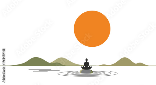 A person is meditating in a lotus pose on a rock in calm water, set against a large orange sun and rolling green hills.
