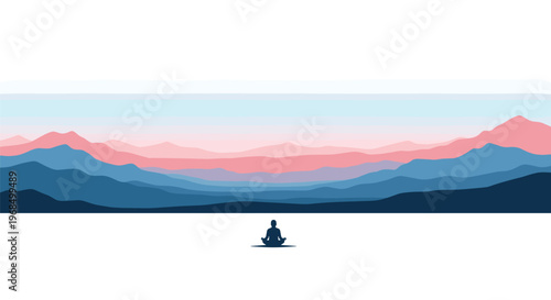 A small person is meditating in a lotus pose, centrally placed against a panoramic backdrop of layered blue and pink mountain ranges.