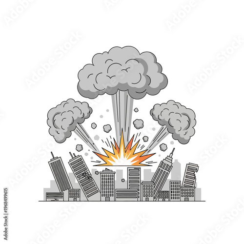 Cityscape Explosion with Mushroom Cloud and Damaged Buildings Illustration