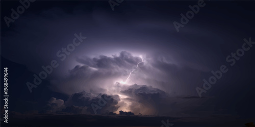 A powerful flash of lightning illuminates the dark storm clouds over a vast ocean landscape during a heavy night rain within the moody atmosphere of a summer nature scene