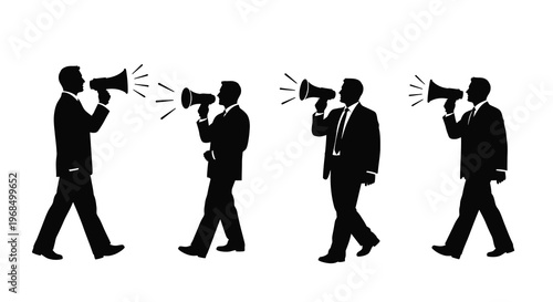 Four businessmen speaking into megaphones a striking black silhouette