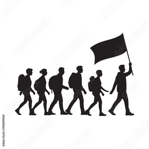 Silhouettes of people walking and carrying a flag in a line