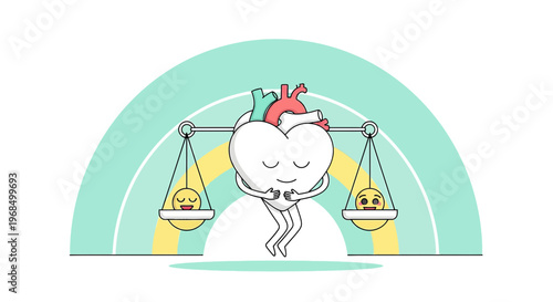 Heart Character Balancing Emotions on Scales Under Rainbow Arch