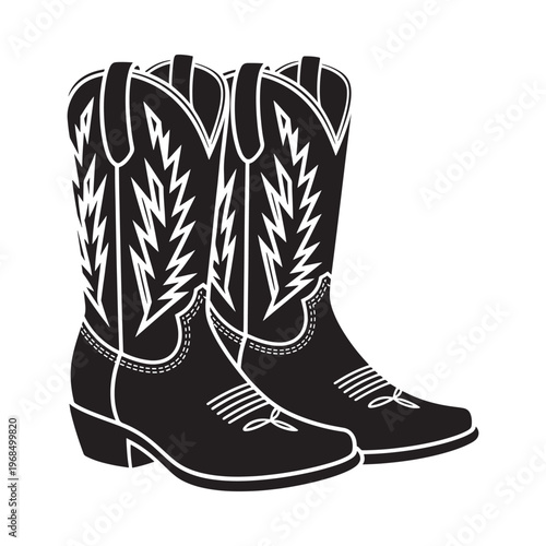 A black and white illustration of a pair of western cowboy boots