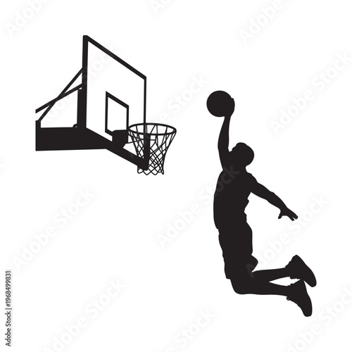 Silhouette of a basketball player in mid air preparing to dunk