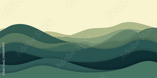 A serene vector illustration of an abstract mountain landscape featuring a misty forest valley and rolling hills under a hazy blue sunset sky with clouds over a distant lake horizon