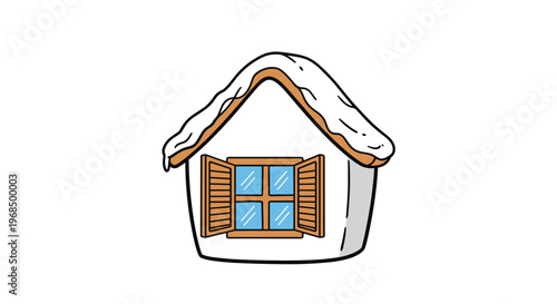 Charming small white cottage with a heavy blanket of snow on its roof features open wooden shutters on its window.