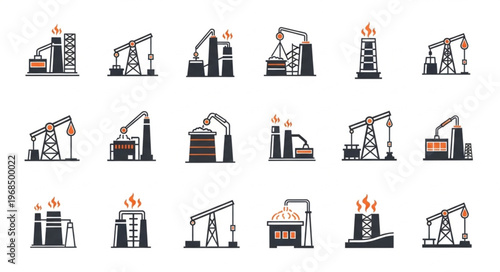 Oil and Gas Industry Icons - Extraction, Refining, and Energy Production.