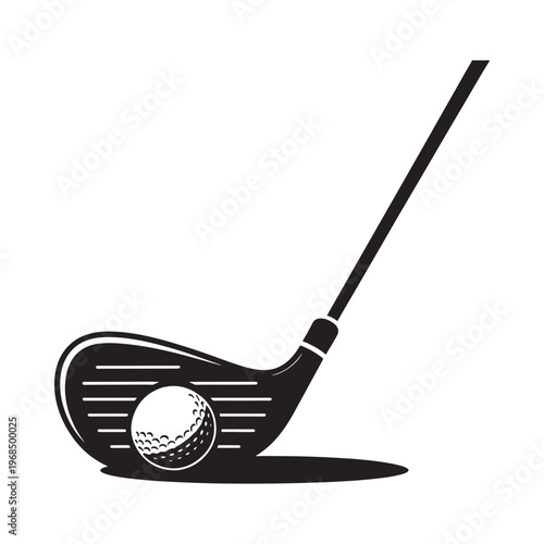A black and white illustration of a golf club and ball