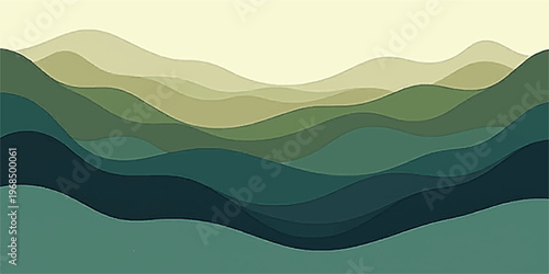 Abstract vector illustration of a misty mountain landscape at sunrise featuring blue silhouettes of hills and forest peaks under a hazy horizon sky