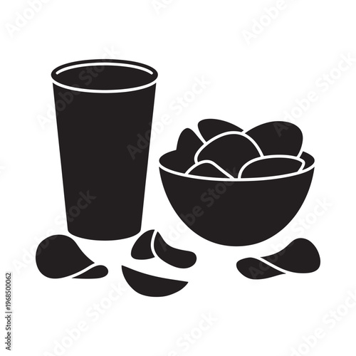 Simple black silhouette of a drink and bowl of potato chips