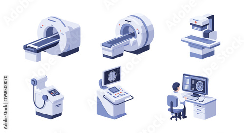 Six isometric medical imaging machines, including MRI and X-ray units, are displayed with a doctor operating a control console showing brain scans on a white background.