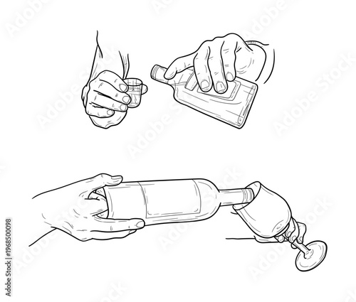 Hands pouring wine from a bottle into a glass and whiskey into a shot glass, hand-drawn sketch. Vector illustration. Hands of a waiter or bartender, champagne glass, drawing on a white background