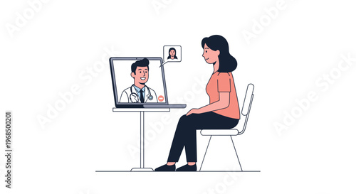 A woman sits on a chair, facing a laptop on a small table, engaged in a video call with a male doctor whose face is visible on the screen.