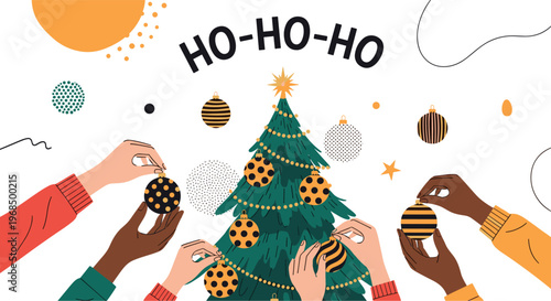 Diverse group of hands decorate a festive Christmas tree with various patterned ornaments under a ho-ho-ho greeting.