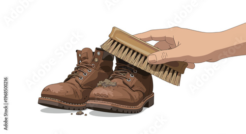 A hand with a wooden brush cleans dirt from a pair of brown leather work boots on a white surface.