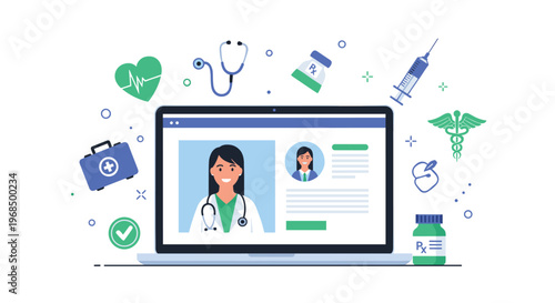 A laptop displays a female doctor on its screen, surrounded by various medical icons including a stethoscope, ECG heart, syringe, pill bottles, first aid kit, and caduceus symbol.