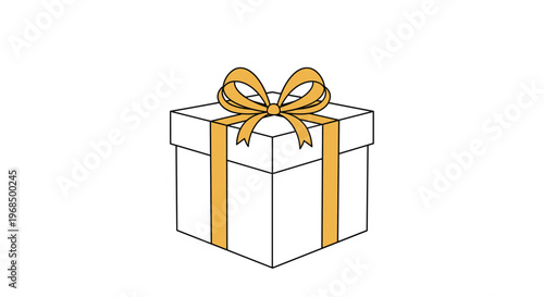 Simple black outline drawing depicts a square white gift box tied with a bright orange ribbon and a perfect bow.