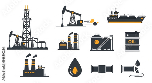 Oil and Gas Industry Icons - Extraction, Processing, and Transportation.