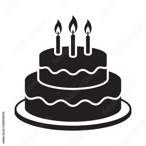 A black and white illustration of a tiered birthday cake with lit candles