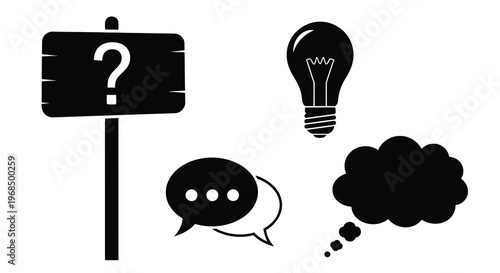 Question mark lightbulb speech bubble and cloud in stark silhouette