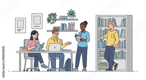 Four diverse students are depicted in a library setting with one woman reading, a man using a laptop, another woman taking notes, and a man leaning against a bookshelf.