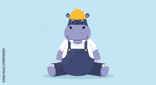 Friendly cartoon hippo wearing blue denim overalls and a yellow hard hat sits smiling on a light blue ground.