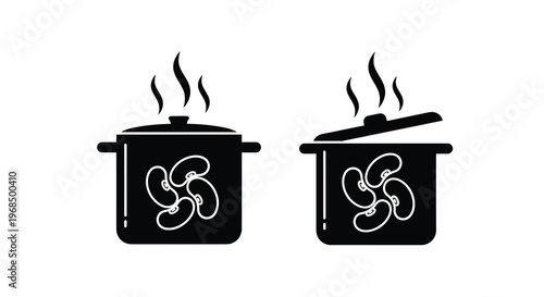 Two black pots with beans one open depicted as a silhouette