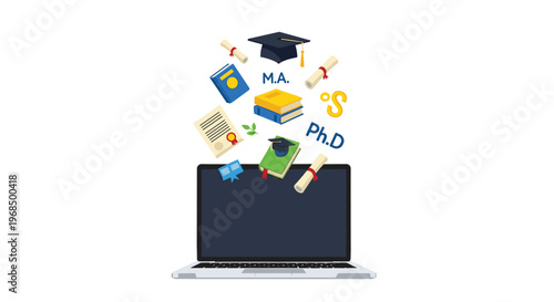 A flat-lay illustration depicts a silver laptop with an open screen from which various educational symbols float upwards.