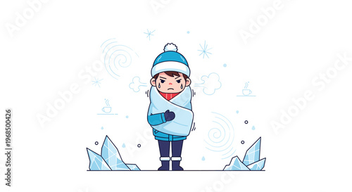 Young boy cartoon character shivering from the cold winter weather wrapped in a thick blue blanket with hot drinks and ice around him.