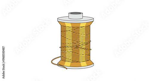 A tall vertical spool of lustrous golden thread stands upright against a pristine white background.