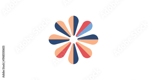 Abstract colorful flower shaped emblem featuring vibrant blue orange and red petals creates a modern geometric logo or design component.