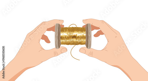 Two human hands are gently grasping a horizontal spool of shimmering golden thread against a stark white background.
