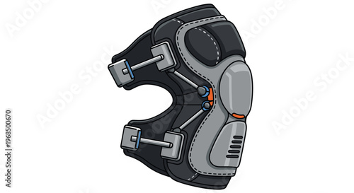 A black and gray knee brace with adjustable straps and metallic hinges is depicted in a detailed side profile view.