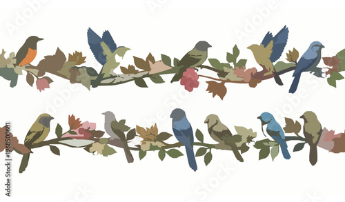 Tropical Birds with Blooming Flowers on Curved Tree Branch Vine Seamless Horizontal Vector Pattern Isolated