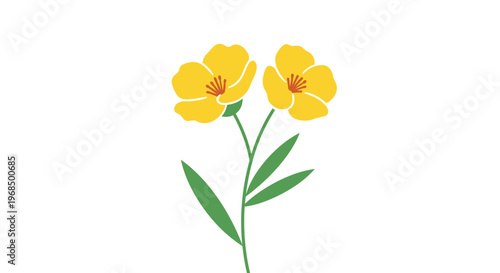 Cheerful illustration of two yellow flowers on a green stem with leaves brings a bright and happy floral touch to spring and nature designs.