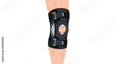 A black and gray knee brace with buckles and a central circular dial is fastened around a human leg.