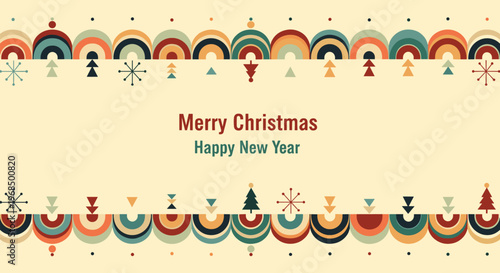 Retro style christmas border with colorful geometric patterns and greetings offers a nostalgic and festive holiday design for cards and banners.