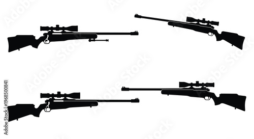 Detailed rifle illustrations depict firearms in a stark black silhouette