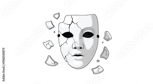 A white fractured theatrical mask with dark empty eyeholes is surrounded by several distinct sharp-edged broken shards.