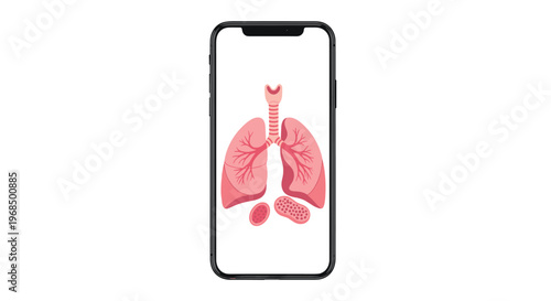 A black smartphone is vertically positioned, displaying a detailed anatomical illustration of human lungs and trachea on its screen against a plain white background.