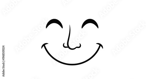Simple black and white smiley face outline featuring happy eyes and a big grin represents positive emotions and friendly communication icons.
