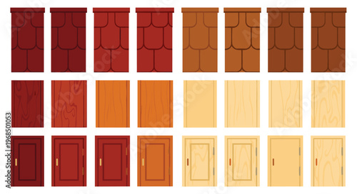 A detailed grid of 24 diverse wooden material samples is presented in three distinct rows, each with eight unique rectangular panels.